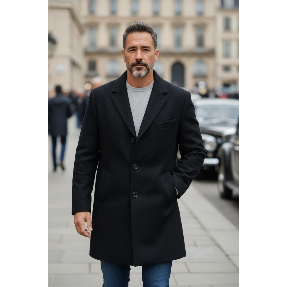 Silver Cloud Men's Cashmere Wool Blend Overcoat Black Long 44R Classic Timeless